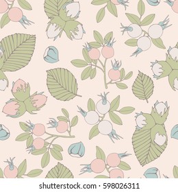 Rosehip branch with berries. Spring seamless pattern.