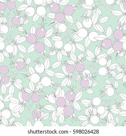 Rosehip branch with berries. Spring seamless pattern.