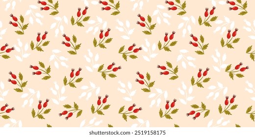 Rosehip branch delicate seamless pattern. Vector background for printing on fabric, paper, packaging, wallpaper.