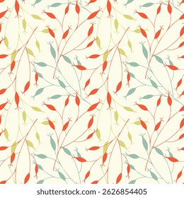 Rosehip branches with berries, pattern on cream background. Silhouettes of rosehip fruits. Vector illustration