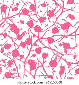 Rosehip branches with berries seamless pattern. Pink print on white background