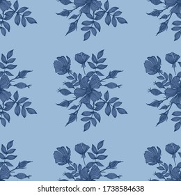 Rosehip bush seamless pattern. Background of flowers, berries, buds and leaves. Design for cosmetics, medicinal tea, packaging, textiles, fabrics, paper. Doodle style. Vector graphics.