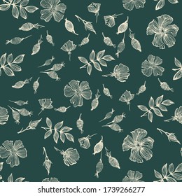 Rosehip Busch nahtloses Muster. Hintergrund von Blumen, Beeren, Knospen und Blättern. Design für Kosmetik, Heiltee, Verpackung, Textilien, Stoffe, Papier. Doodle-Stil. Vektorgrafiken.
