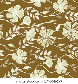 Rosehip bush seamless pattern. Background of flowers, berries, buds and leaves. Design for cosmetics, medicinal tea, packaging, textiles, fabrics, paper. Doodle style. Vector graphics.