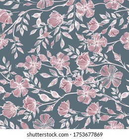 Rosehip bush seamless pattern. Background of flowers, berries, buds and leaves. Design for cosmetics, medicinal tea, packaging, textiles, fabrics, paper. Doodle style. Vector graphics.