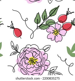 Rosehip, dog rose, briar, rosa canina, wild rose vector seamless pattern. One continuous line art drawing of flowers and berries, rosehip pattern.