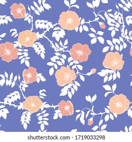 Rosehip flowers branch in the style of flat graphics on a blue background. Vector seamless pattern.