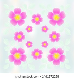 Rosehip, flowers with leaves on light blue abstract background, symmetrical geometric pattern, vector