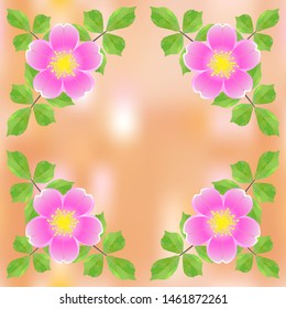 Rosehip, flowers with leaves on light brown abstract background, geometric pattern, vector
