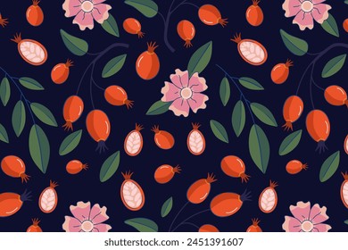 Rosehip and flowers pattern on blue background. Design for herbal tea packaging, textile, wallpaper. Botanical and wellness concept.