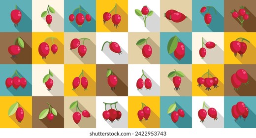 Rosehip icons set flat vector. Agriculture juice bio. Diet drink food