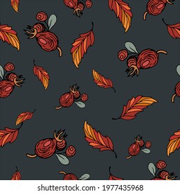 Rosehip with leaves pattern. Seamless pattern with Rosehips on a twig in natural earthy shades. Autumn pattern with bright vector leaves and fruits. Autumn pattern of hand drawn doodles.