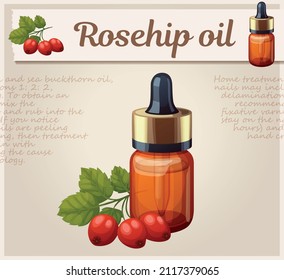 Rosship-Öl in einer kleinen Flasche, Vektorsymbol, Cartoon-Illustration von ätherischem Öl aus Brauerbeeren mit grünen Blättern