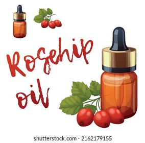 Rosehip oil in a small bottle vector icon isolated on white background, cartoon illustration of essential oil of briar berries with green leaves
