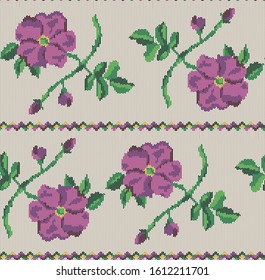 Rosehip pattern for decorative design. Seamless jacquard style vector background. Knitwear texture. Decorative background. Rose branches, leaves. Wild rose ornament. Rosebud.