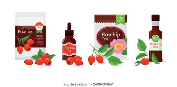 Producto de rosa mosqueta bayas secas aceite esencial té y jarabe paquete de diseño conjunto de Plantilla Vector ilustración plana. Paquete de botella de comida y bebida a base de hierbas de bienestar de suplemento nutritivo y belleza de escaramujos