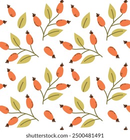 Rosehip seamless background, vector illustration of rosehip branch, red berries on a branch, print, textile, wrapping paper