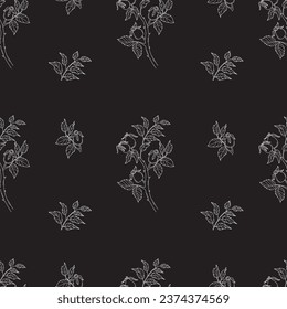 Patrón sin costura. Dibujo manual de línea blanca de la rama de cadera con hojas sobre fondo negro. Ilustración vectorial para papel pintado, diseño, textil, embalaje, decoración