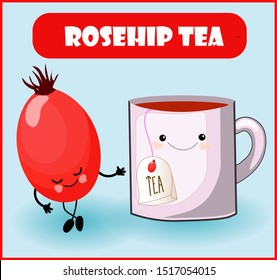rosehip tea. Cup character, a funny berry with a face, eyes and a smile. Healthy food. Vitamins and minerals autumn