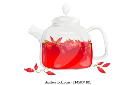 Té de cadera en una tetera de vidrio. Té saludable y fresco con bayas. Ilustración vectorial para cafés, publicidad, pancartas.