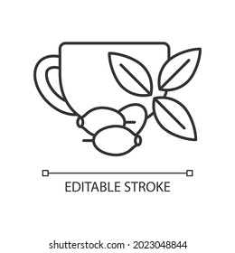 Rosehip tea linear icon. Briar tea benefits. Beverage improves immunity and heart health. Thin line customizable illustration. Contour symbol. Vector isolated outline drawing. Editable stroke