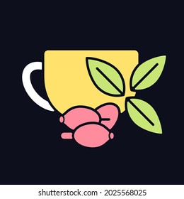 Rosehip tea RGB color icon for dark theme. Briar tea benefits. Beverage improves immunity and heart health. Isolated vector illustration on night mode background. Simple filled line drawing on black