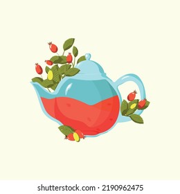 Rosehip tea. Vector illustration of a teapot with herbal tea made of rosehip berries and herbs. Herbal drink for menu or package design.