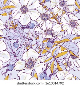 Rosehip. Vector images of prickly plants. Flower with needles. Hand-drawn illustration.
Seamless pattern.
