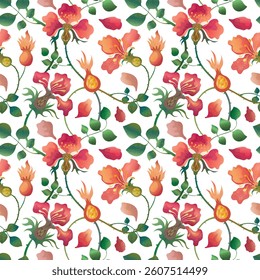 Rosehip. Wild rose. Seamless vector botanical pattern in vintage style.