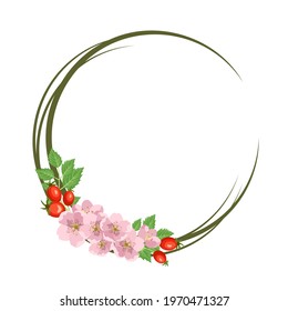Rosehip wreath. Round frame, cute pink flowers rose red fruits and leaves. Festive decorations for wedding, holiday, postcard, poster and design. Vector flat illustration