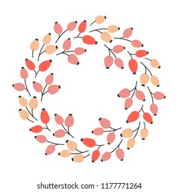 Rosehip wreath. Vector fall illustration with branches, berries and leaves. Floral frame. Autumn mood.