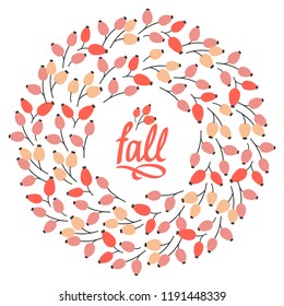 Rosehip wreath. Vector fall illustration with branches, berries and leaves. Floral frame. Autumn mood.