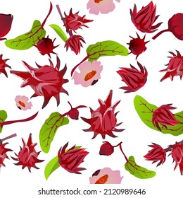 Roselle fruit, leaf, and flower seamless pattern, vector illustration.