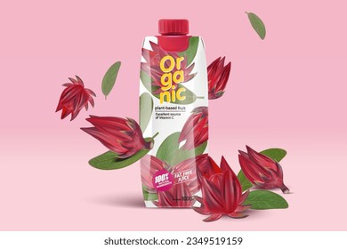 Roselle packaging mock up and roselle flying on solid color background. Realistic vector in 3D illustrations. Food concepts.