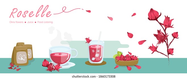 Roselle produce and drink set vectors. isolated on background
