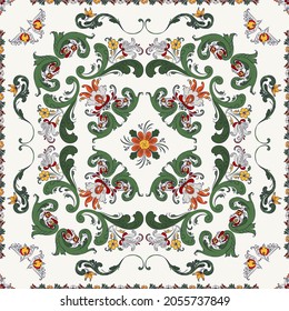 Rosemaling tile, traditional Norwegian decorative pattern. Vector illustration