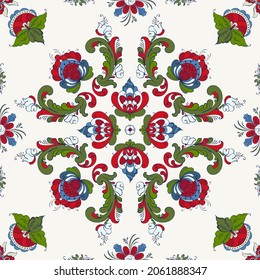 Rosemaling tile, traditional Norwegian decorative pattern. Vector illustration