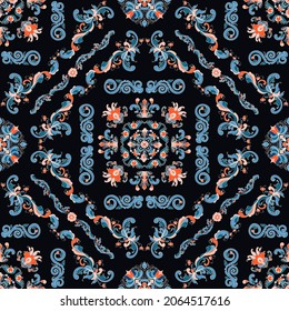 Rosemaling tile, traditional Norwegian decorative pattern. Vector illustration