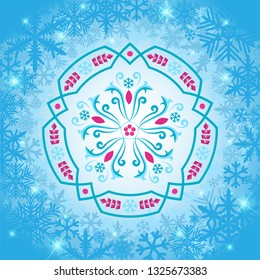 Rosemaling winter snowflake ornaments in traditional norwegian folk style.