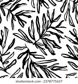 Rosemary branches seamless pattern. Hand drawn abstract plants, leaves and branches. Brush drawn botanical seamless pattern. Line doodle art background. Modern natural ornament. Foliage silhouettes.