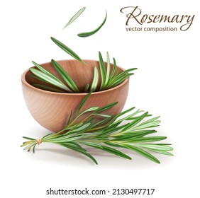 Rosemary branches in a wooden bowl. Vector illustration.