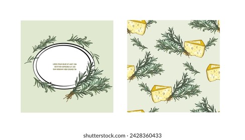 Rosemary y queso dibujado a mano vector banners o etiquetas conjunto, ilustración vectorial. Etiqueta o etiqueta de comida con romero y queso para la comida italiana.