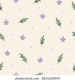 Rosemary and Flowers Pattern. Seamless rosemary pattern with delicate purple flowers in vector style. For natural cosmetics, herbal packaging, textiles, wallpaper, summer design, other textiles
