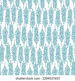 Rosemary. A green sprig of fragrant spice. Repeating vector pattern. Seamless floral ornament. Abstract background of twigs with leaves. Isolated colorless background. Doodle style. 