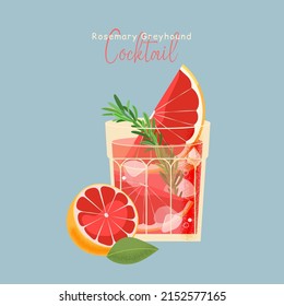 Rosemary Greyhound Cocktail Vector With Grapefruit On Blue Background, Spring, Summer Party Alcohol Drink Flat Style Illustration.