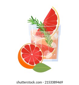 Rosemary Greyhound Cocktail Vector With Grapefruit Isolated On White Background. Spring, Summer Party Alcohol Drink Flat Style Illustration