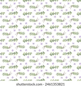 Rosemary herbs bunch seamless pattern. Rosemary plant green leaves and flowers repeat background. Botanic endless cover. Vector simple hand drawn illustration.