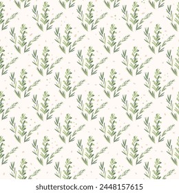Rosmarinkräuter nahtloses Muster. Rosmarin Pflanze grüne Blätter wiederholen Hintergrund. Botanische Endlosdecke. Verzweigt statische Loop Ornament Vektorgrafik einfache handgezeichnete Illustration.