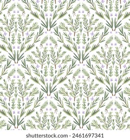 Rosemary herbs seamless pattern. Rosemary plant green leaves repeat background. Botanic endless cover. Branches static loop ornament Vector simple hand drawn illustration.