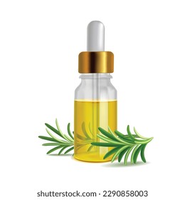 Rosemary Oil Bottle with Leaves. Rosemary Realistic Elements for Banners Advertisement Fliers Posters. Vector Isolated Illustration